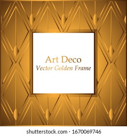 Marco de patrón de rombos dorados Art Déco. Marco cuadrado con lugar blanco para el texto. Patrón de oro sobre fondo dorado. Marco vectorial vintage para invitaciones, tarjetas de felicitación, portadas. Patrón geométrico