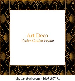 Art Deco golden seamless pattern frame. Square frame with white place for your text. Gold pattern on a black background. Vintage vector frame for invitations, greeting cards, covers. Geometric pattern