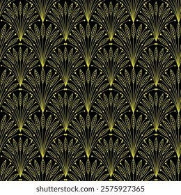 Art Deco golden seamless pattern. Geometric decorative texture with leaves. Vector floral illustration on a black background.