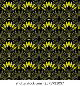 Art Deco golden seamless pattern. Geometric decorative texture with leaves. Floral vector illustration on black background.