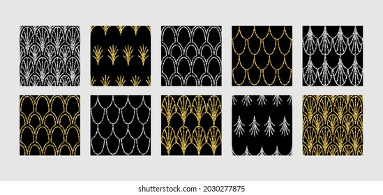 Art Deco goldene nahtlose Muster Set. Gatsby-Sequenzer für Luxus-Wiederholhintergrund für Textil- und Innendrucke, Retro-Wallpaper, Cover und Grußkarten im Vintage-Stil.