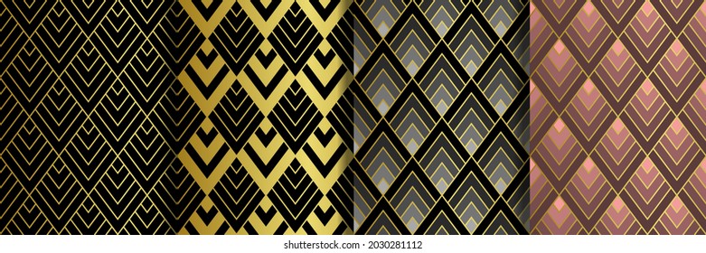 Art Deco golden seamless patterns set. Gatsby luxury repeat backgrounds for textile and interior prints, retro wallpapers, covers and greeting cards of vintage style.