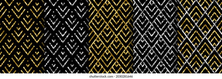 Art Deco golden seamless patterns set. Gatsby sequin luxury repeat backgrounds for textile and interior prints, retro wallpapers, covers and greeting cards of vintage style.