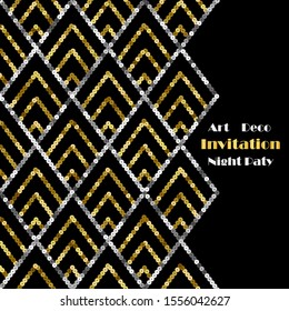 Art Deco Golden Sequin Squared Template. Gatsby Luxury Retro Cover