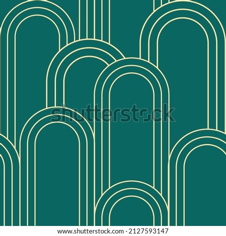 Art deco green pattern. Abstract background. Geometric line arch shape. Wallpaper design. Editable stroke. Vector stock illustration