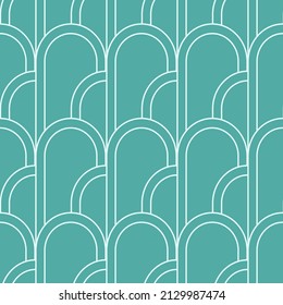 Art deco green pattern. Blue abstract background. Geometric line arch shape. Editable stroke. Vector stock illustration