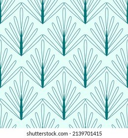 Art deco green seamless pattern. Floral fan abstract print. Geometric linear shape. Wallpaper design. Editable stroke. Vector stock illustration