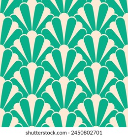 Art Deco green stripped scallop motifs. Elegant green floral seamless pattern for interior decor, home decor, packaging, textiles.