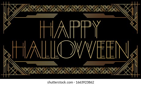 Art Deco Happy Halloween Text. Golden Decorative Greeting Card, Sign With Vintage Letters.