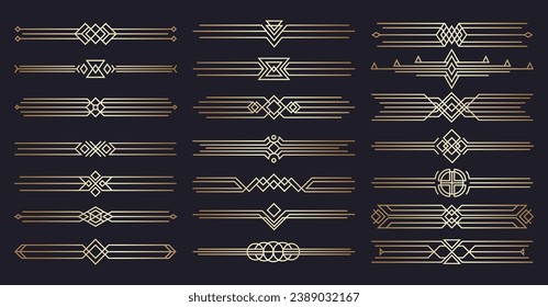 Cabeceras Art Deco. Bordes clásicos modernos con acento ornamental floral, elegantes marcos geométricos de nouveau para el diseño de la invitación a la boda. Conjunto de vectores. Elementos aislados de oro de lujo