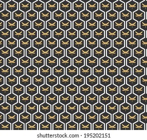 Art Deco hexagonal seamless vintage wallpaper pattern with golden gragonfly silhouette