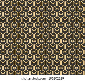Art Deco hexagonal seamless vintage wallpaper pattern with golden gragonfly silhouette