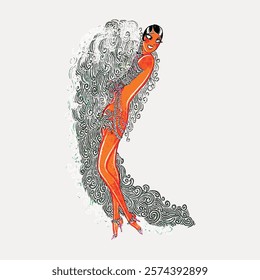 Art Deco illustration of a dancer with a flowing dress. Elegant pose, vibrant colors, and intricate patterns. Captures the essence of 1920s style and glamour. Vintage art, isolated vector element.