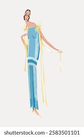 Art Deco illustration of a woman in a blue dress with yellow accents. Elegant and stylized design. Fashionable and artistic representation of 1920s style. Vintage woman illustration isolated, vector.