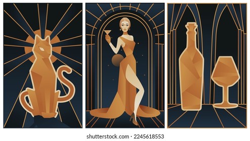 art deco illustrations of cat, bottle of wine and fashion lady