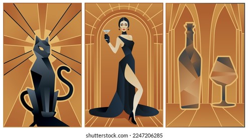 art deco illustrations of cat, bottle of wine and fashion lady