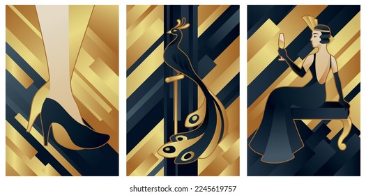 art deco illustrations of female and peacock, black and gold