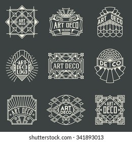 Art Deco Insignias Retro Design Logotypes Template Set. Line Art Vector Vintage Style Elements. Elegant Geometric Shiny Frames.