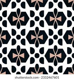 Art deco inspired black and white fabric pattern featuring a repeating motif of pink bows, reminiscent of peppermint candies.