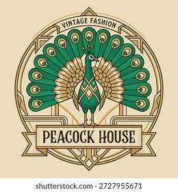 Art Deco inspired logo featuring a peacock with fanned tail and the text 'Peacock House Vintage Fashion'.