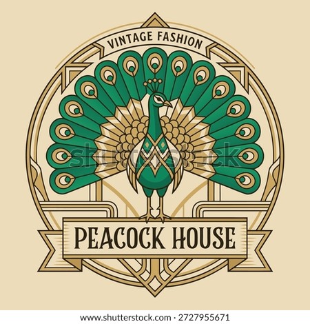Art Deco inspired logo featuring a peacock with fanned tail and the text 'Peacock House Vintage Fashion'.