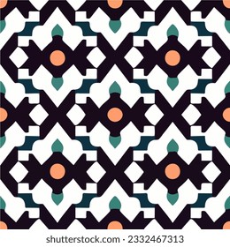 Art deco inspired pattern showcases black and white tones, accentuated by vibrant orange circles. This seamless fabric design creates a visually striking and dynamic effect.