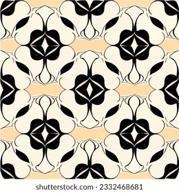 Art deco inspired pattern showcasing intricate black and white designs against a vibrant yellow backdrop, seamlessly blending art nouveau aesthetics with a captivating geometric pattern.