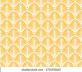 Art Deco inspired pattern with stylized palm leaf shape motif in golden yellow color. Elegant floral Art Deco seamless pattern.