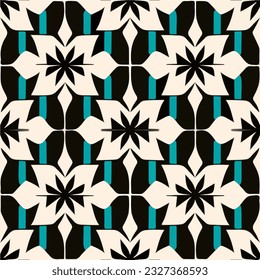 Tela de tela repetida inspirada en el Art Deco que exhibe una combinación de colores blanco y negro con un cautivador centro verde, que recuerda a un motivo de menta.