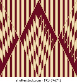 Art deco inspired stripe and checkered pattern with golden lines and magenta purple. Vector seamless pattern design for textile, fashion, paper, packaging, wrapping and branding