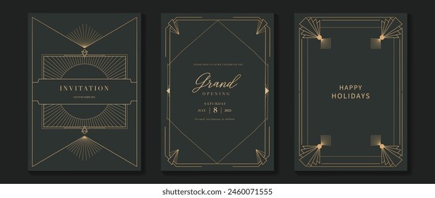 Art deco invitation card background vector. Elegant classic antique design, gold frame gradient on dark background. Premium design illustration for gala, grand opening, wedding, gatsby invite.