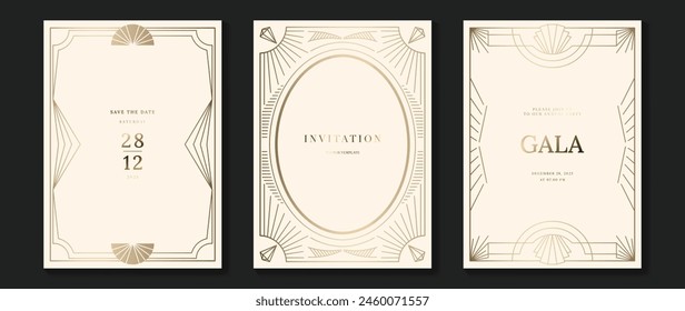 Art deco invitation card background vector. Elegant classic antique design, gold frame gradient on light background. Premium design illustration for gala, grand opening, wedding, gatsby invite.