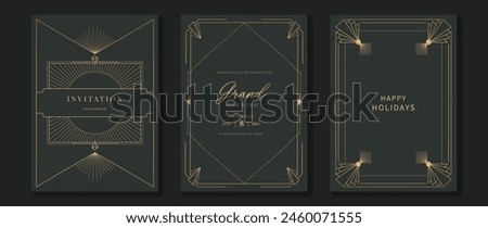Art deco invitation card background vector. Elegant classic antique design, gold frame gradient on dark background. Premium design illustration for gala, grand opening, wedding, gatsby invite.