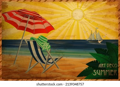 Art deco invitation card, Tropical relax beach, vector illustration
