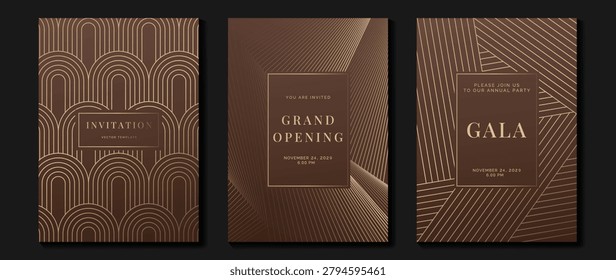 Art deco invitation vector card set with brown bronze luxury gala covers, geometric line patterns and elegant typography.