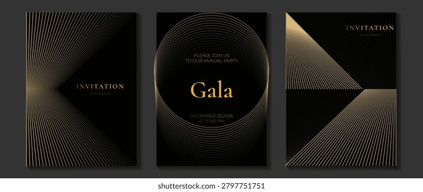 Art Deco invitation vector set. Luxury black and gold geometric backgrounds with elegant line frames for gala events, wedding cards, posters and premium covers.