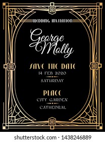 Art deco invitation. Wedding art deco card with gold frame border, classic 1920s retro style luxury art. Golden abstract vector mockup of fashion framed backdropwith vintage text