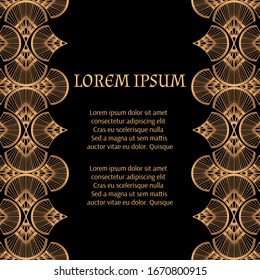 Art deco invite party template vector. Luxury vintage 1920s motif gold black background card. Eastern design for wedding, beauty spa, birthday, anniversary, holiday, menu, save the date.