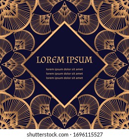 Art deco invite party template vector. Luxury vintage 1920s motif gold black background card. Decorative design for wedding, beauty spa, birthday, anniversary, holiday, menu, save the date.