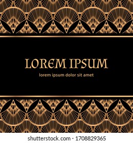 Art deco invite party template vector. Luxury vintage 1920s motif gold black background card. Elegant design for wedding, beauty spa, birthday, anniversary, holiday, menu, save the date.