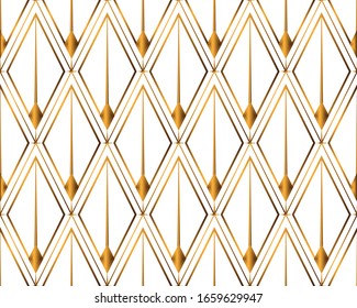 Art Deco isolated gold seamless pattern. Art deco rhombuses pattern on a white background. Stock vector seamless pattern. Art Deco for textile, packaging, background, cover, etc. Eps 10