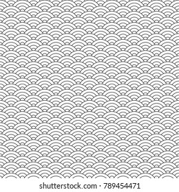 Art deco, Japan scales fish seamless pattern vector. Black overlap wave lines repeatable pattern on white background.