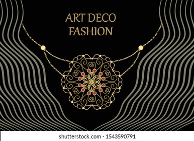 Art deco jewel. Vintage gold necklace with ruby. Jewelry in victorian style. Retro filigree gold pendant. Antiquarian jewelry. Filigree gold necklace. Ancient vector jewel.