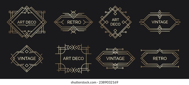 Art deco labels. Retro geometric shapes with elegant arabic lettering, vintage minimal emblem for luxury premium stamp. Vector isolated set, vintage elements with flourish swirls isolated collection