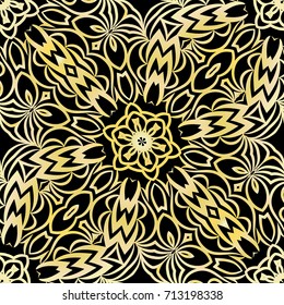 art deco lace pattern with flower. seamless vector illustration. black, gold color.
