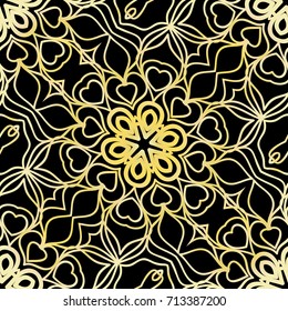art deco lace pattern with flower. seamless vector illustration. black, gold color.