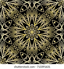 art deco lace pattern with flower. seamless vector illustration. black, gold color.