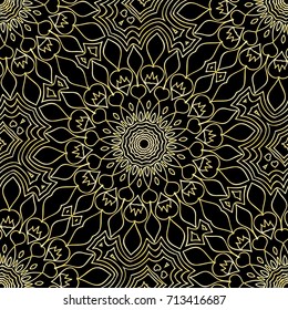 art deco lace pattern with flower. seamless vector illustration. black, gold color.