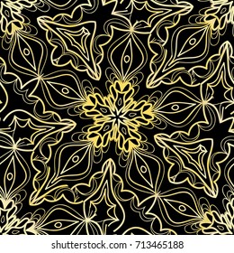 art deco lace pattern with flower. seamless vector illustration. black, gold color.