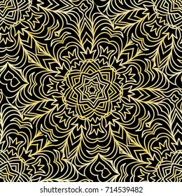 art deco lace pattern with flower. seamless vector illustration. black, gold color.